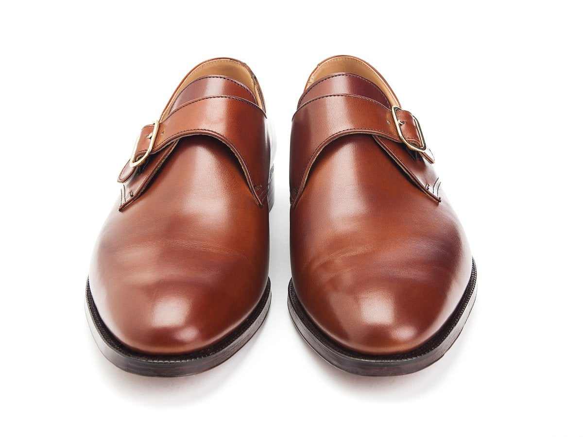 Front view of Crockett & Jones Malvern plain toe single monk strap shoes in chestnut burnished calf