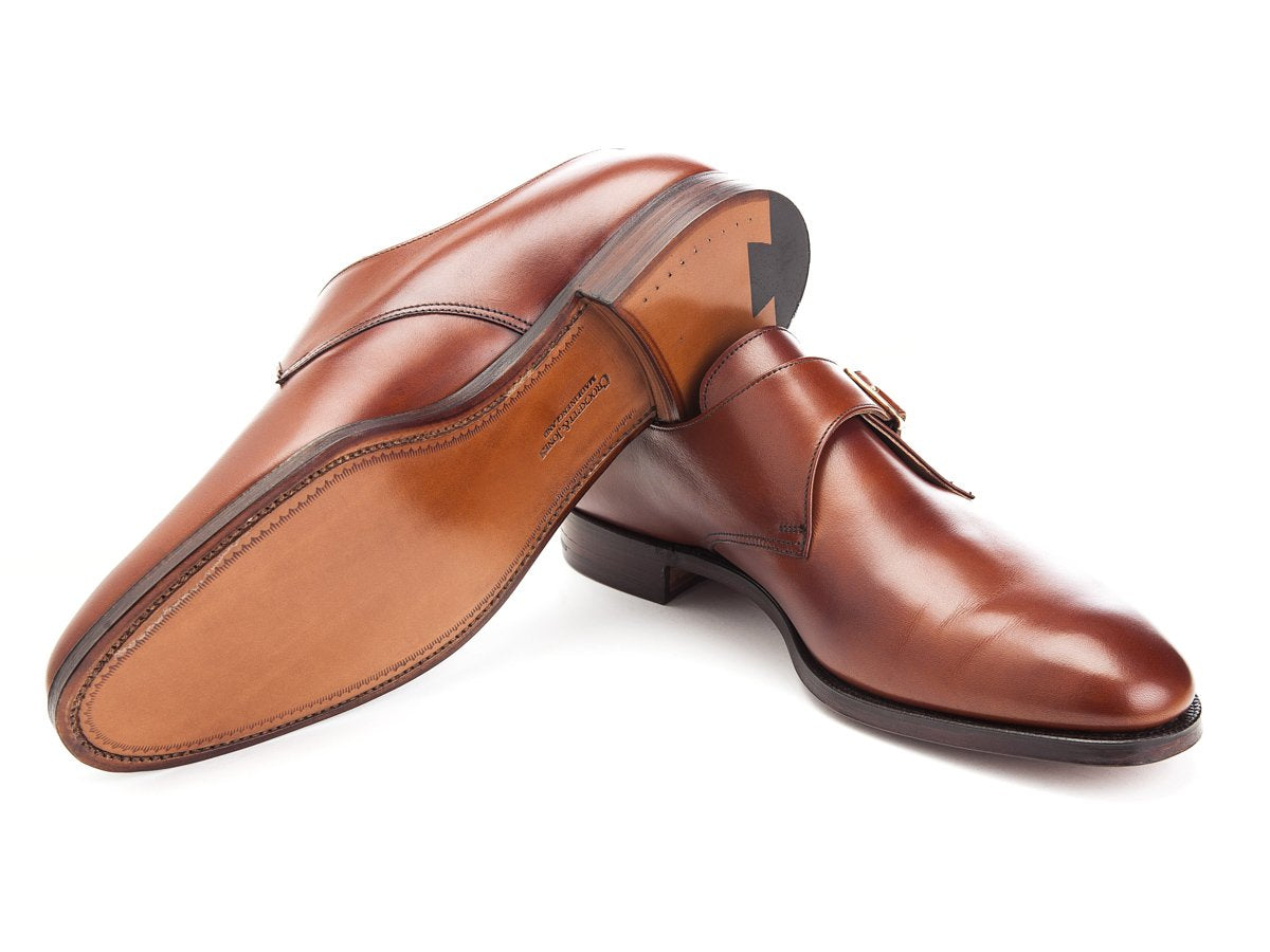 Leather sole of Crockett & Jones Malvern plain toe single monk strap shoes in chestnut burnished calf
