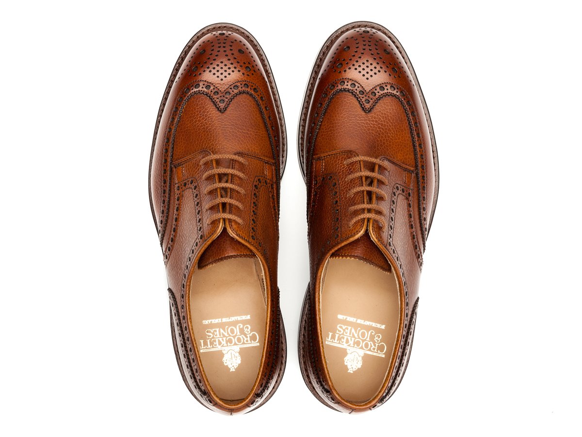 Top view of Crockett & Jones Pembroke wingtip full brogue derby shoes in tan scotch grain calf