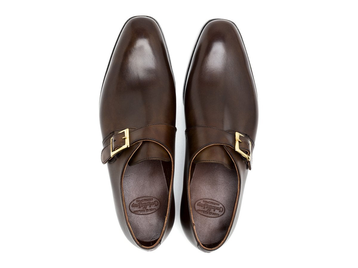 Top view of Crockett & Jones Savile plain toe single monk strap shoes in dark brown antique calf