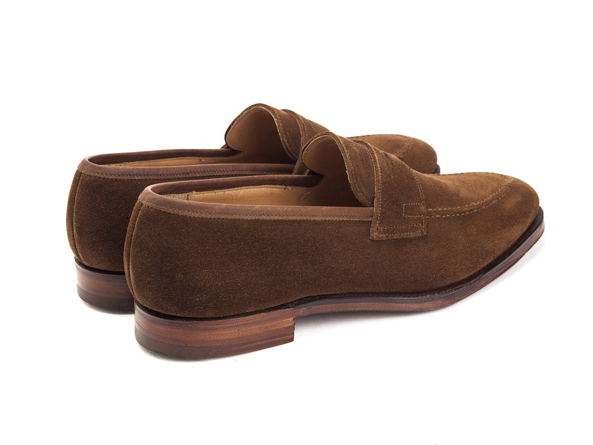 Back angle view of Crockett & Jones Sydney penny loafers in snuff suede