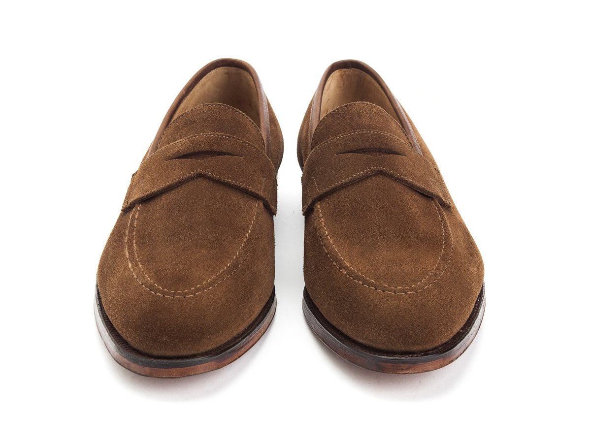 Front view of Crockett & Jones Sydney penny loafers in snuff suede