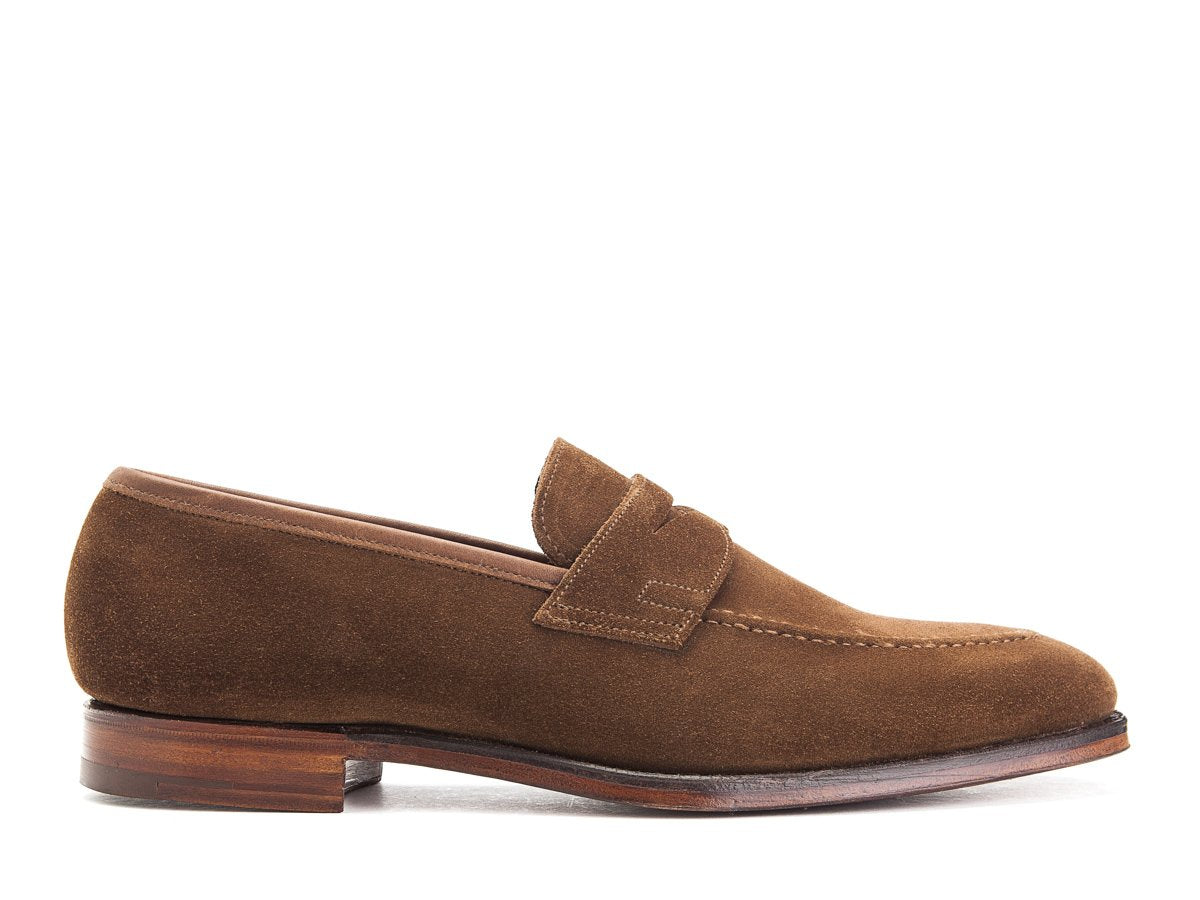 Side view of Crockett & Jones Sydney penny loafers in snuff suede
