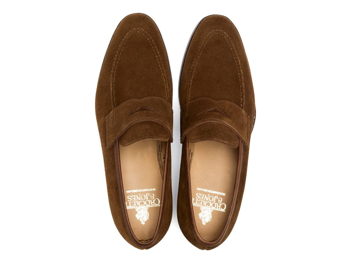 Top view of Crockett & Jones Sydney penny loafers in snuff suede