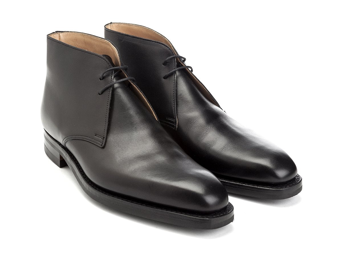 Front angle view of Crockett & Jones Tetbury chukka boots in black calf