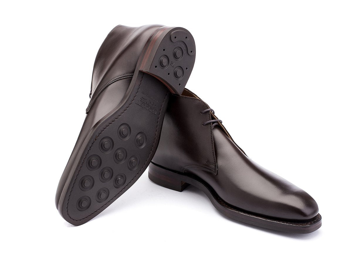 Dainite rubber sole of Crockett & Jones Tetbury chukka boots in dark brown calf