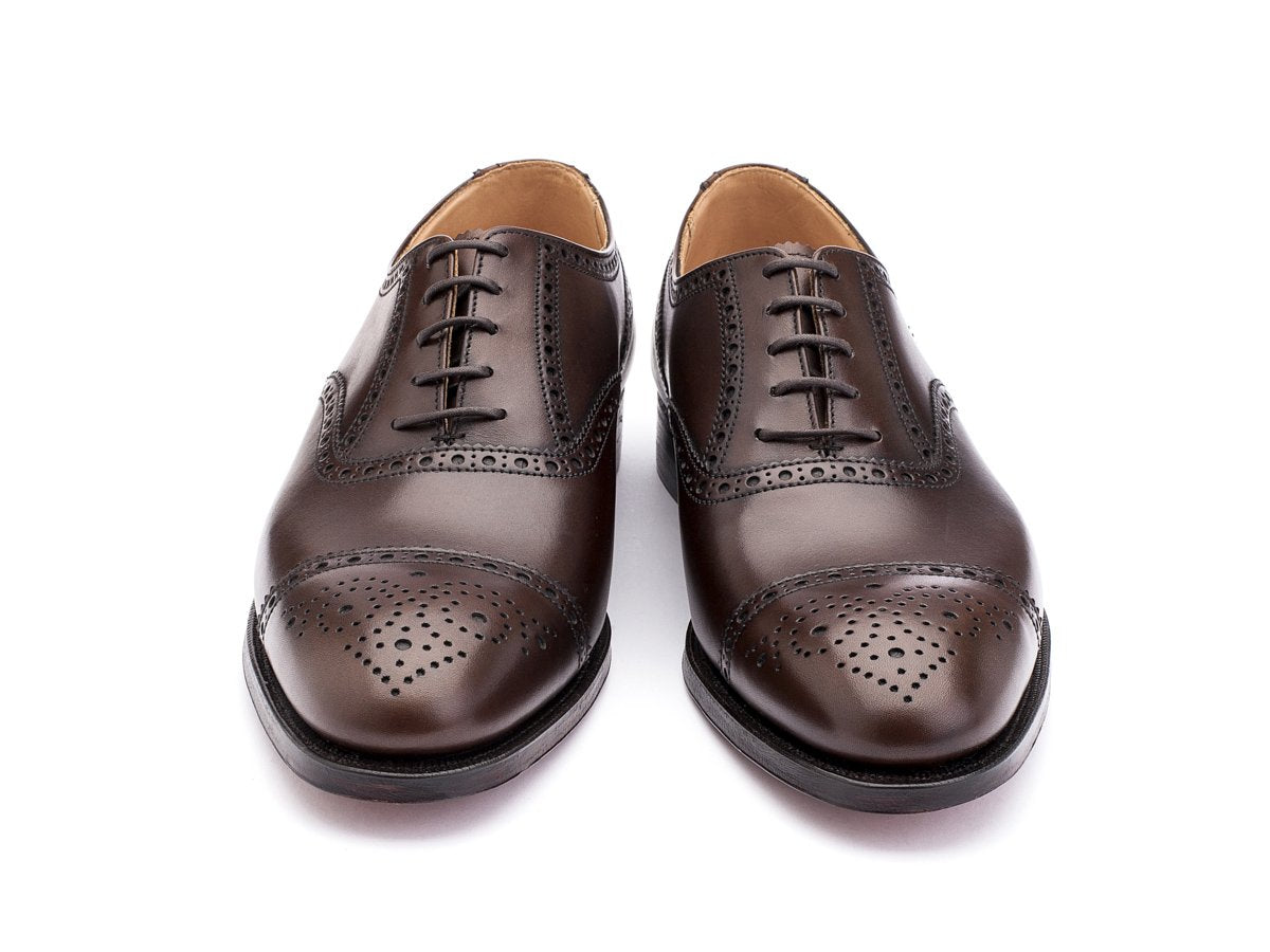 Front view of Crockett & Jones Westfield half brogue oxford shoes in dark brown burnished calf
