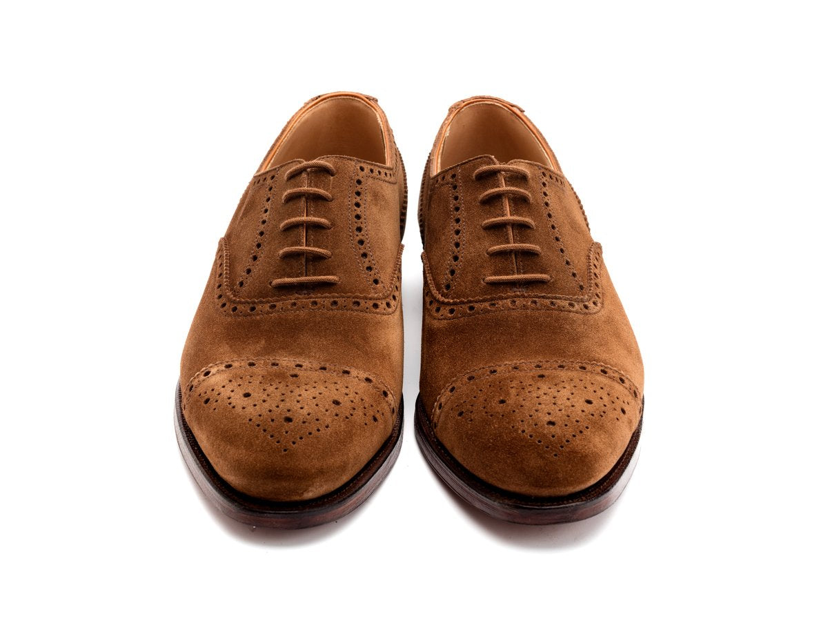 Front view of Crockett & Jones Westfield half brogue oxford shoes in tobacco suede