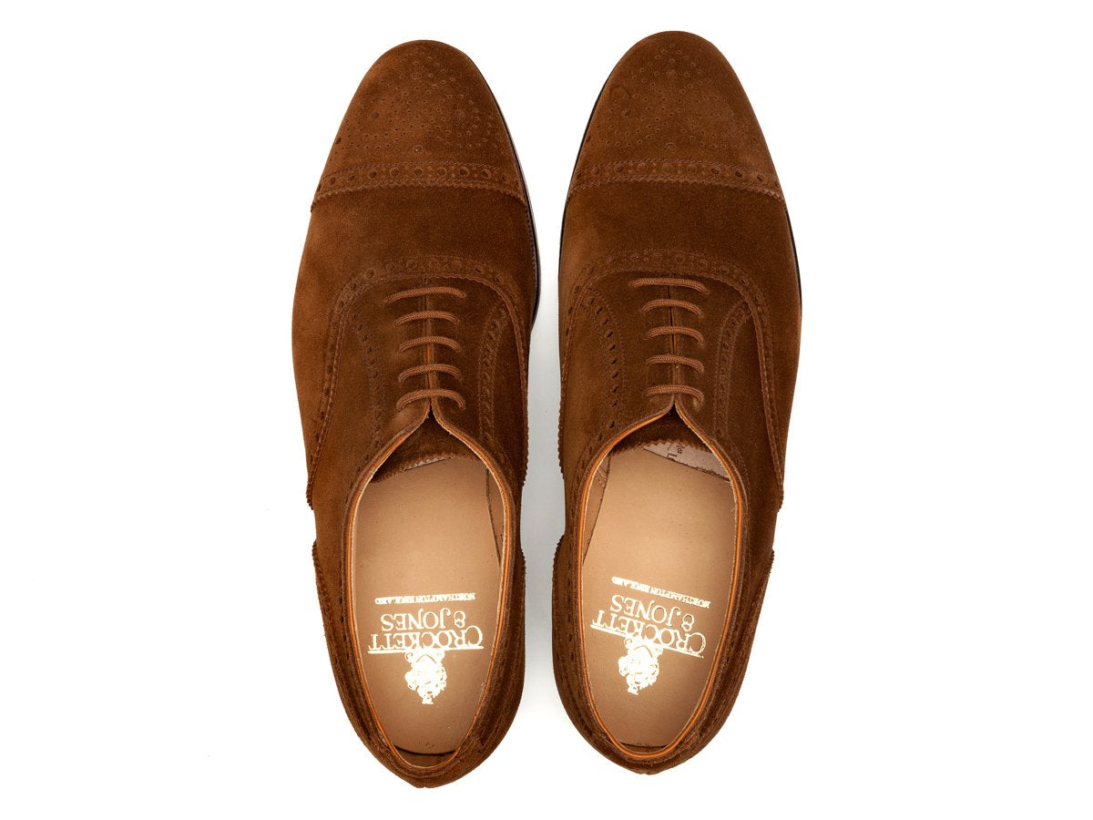 Top view of Crockett & Jones Westfield half brogue oxford shoes in tobacco suede