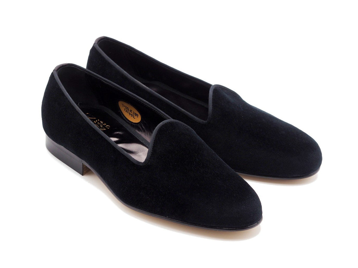 Front angle view of Edward Green Albert slippers in black velvet