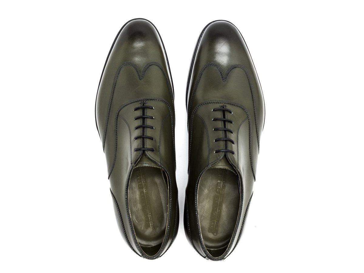 Top view of Edward Green Beaulieu austerity wingtip brogue oxford shoes in olive antique calf