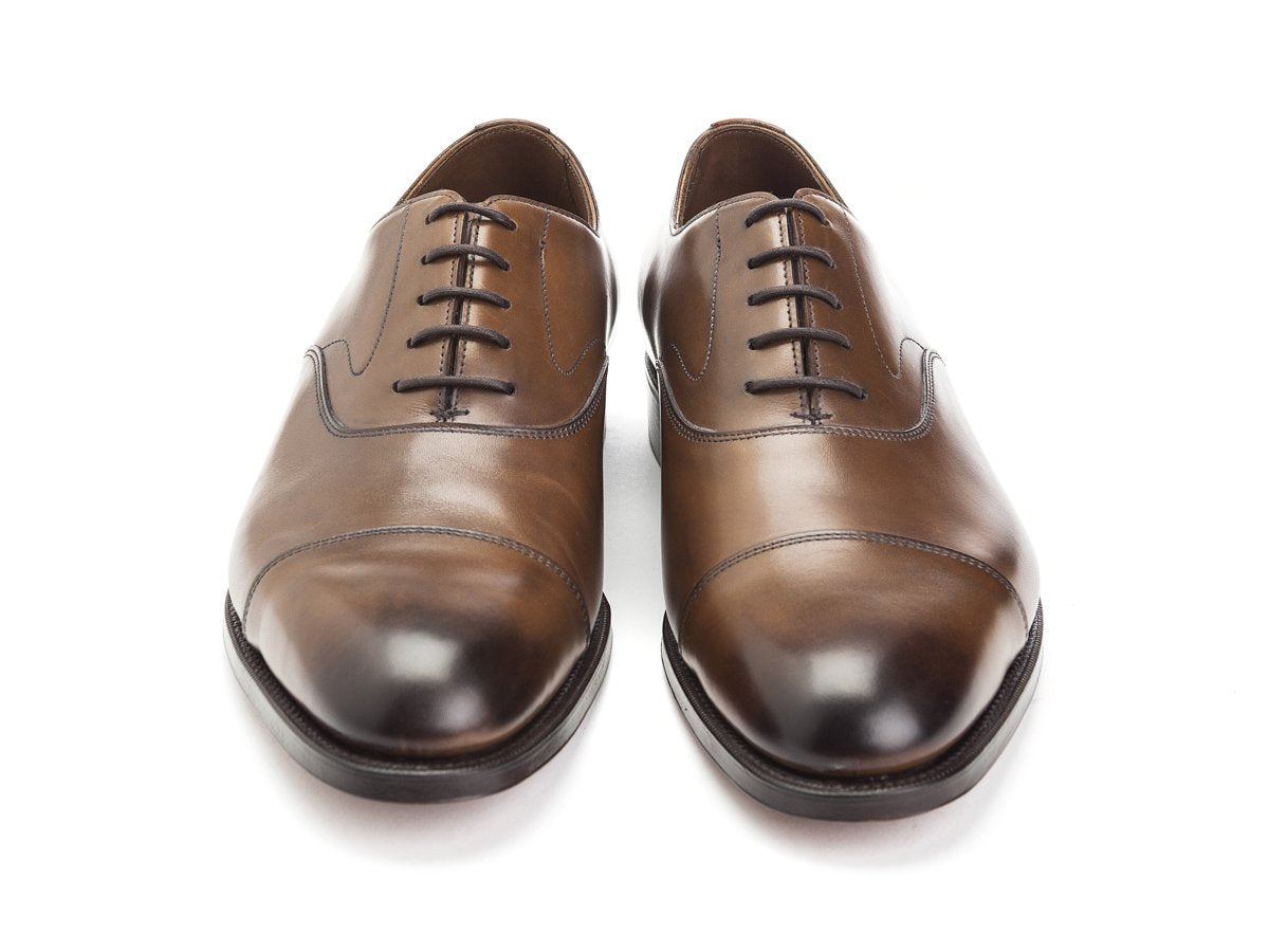 Front view of Edward Green Chelsea plain captoe oxford shoes in dark oak antique calf