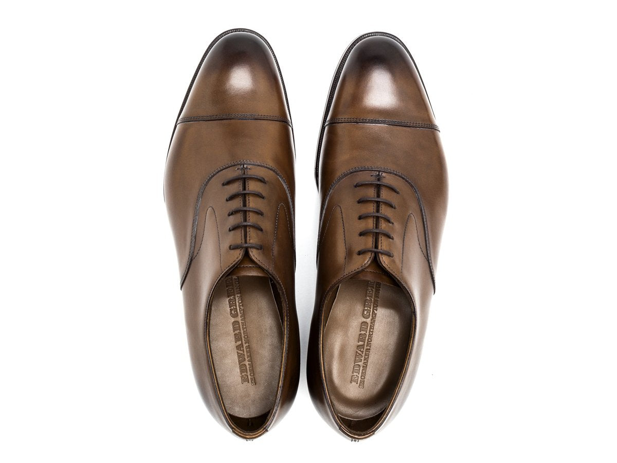 Top view of Edward Green Chelsea plain captoe oxford shoes in dark oak antique calf