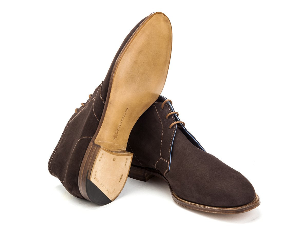 Leather sole of Edward Green Cherwell chukka boots in chocolate nubuck