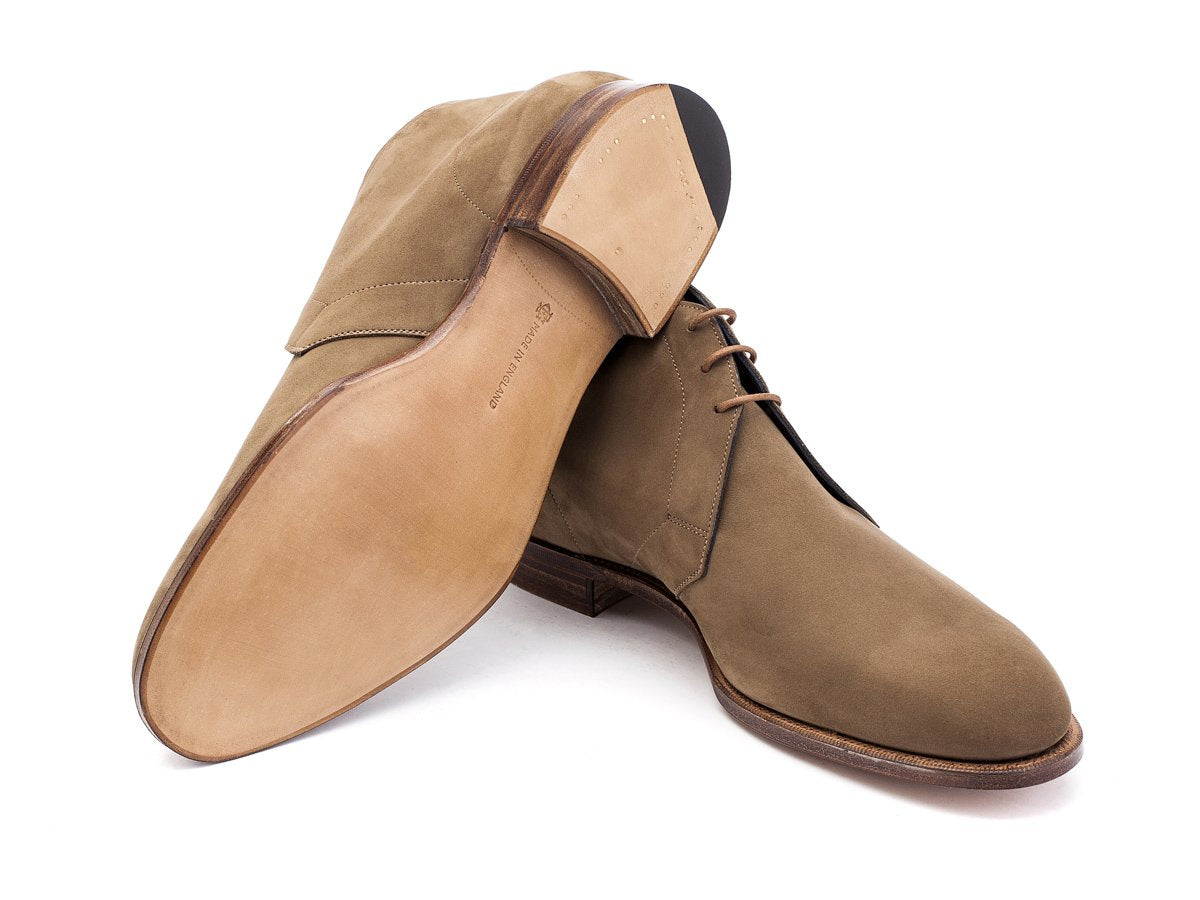 Leather sole of Edward Green F width Cherwell chukka boots in taupe nubuck