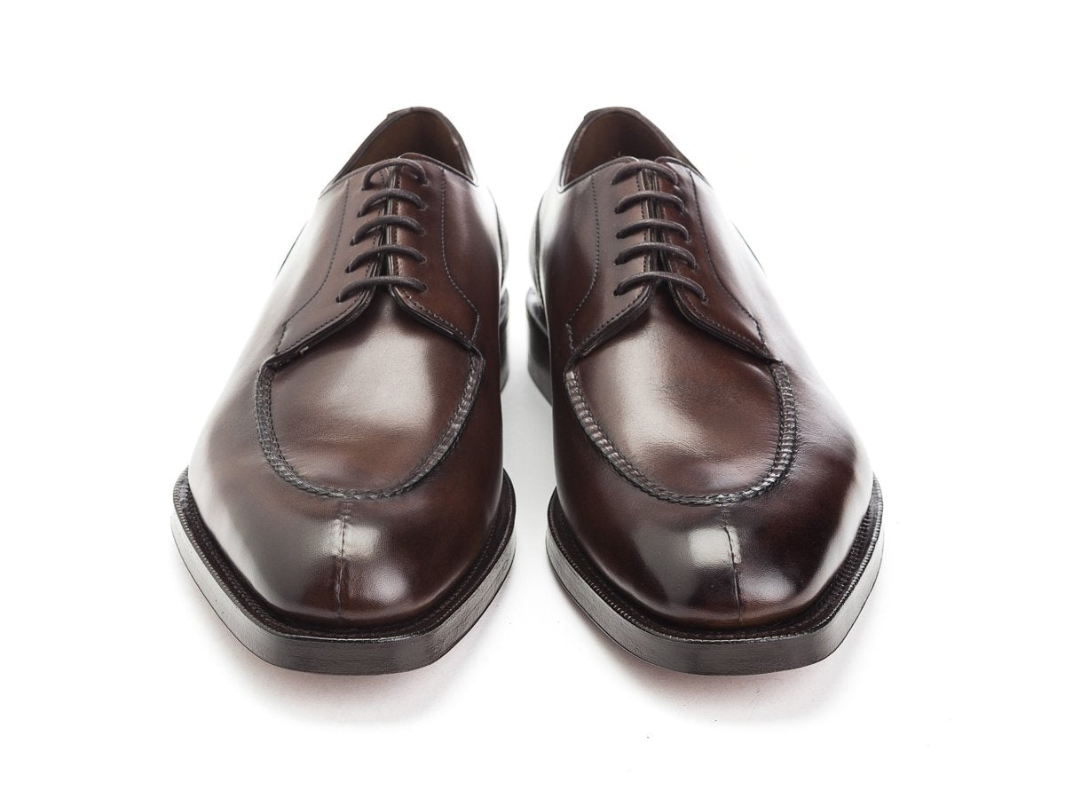 Front view of Edward Green Dover split toe derby shoes in dark oak antique calf
