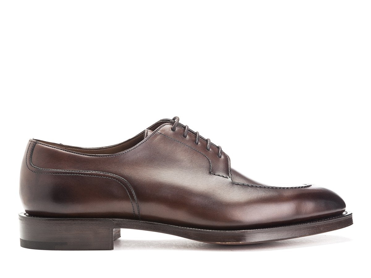 Side view of Edward Green Dover split toe derby shoes in dark oak antique calf