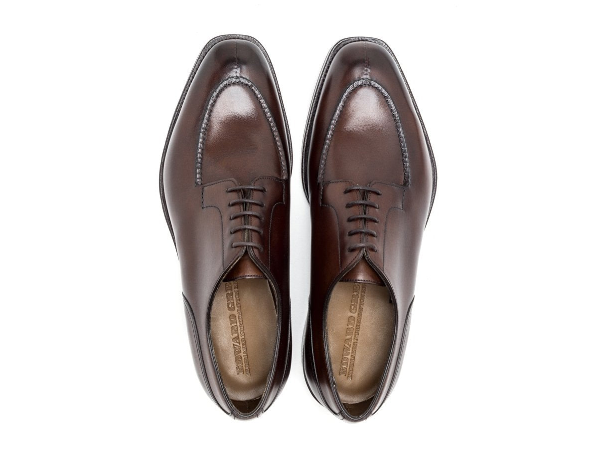 Top view of Edward Green Dover split toe derby shoes in dark oak antique calf