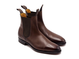 Front angle view of Edward Green Newmarket chelsea boots in dark oak antique calf