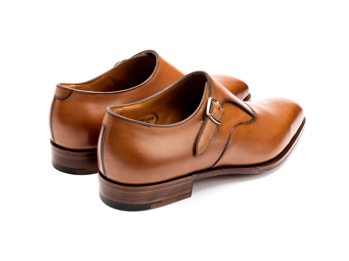 Back angle view of Edward Green Oundle single monk strap shoes in edwardian antique calf