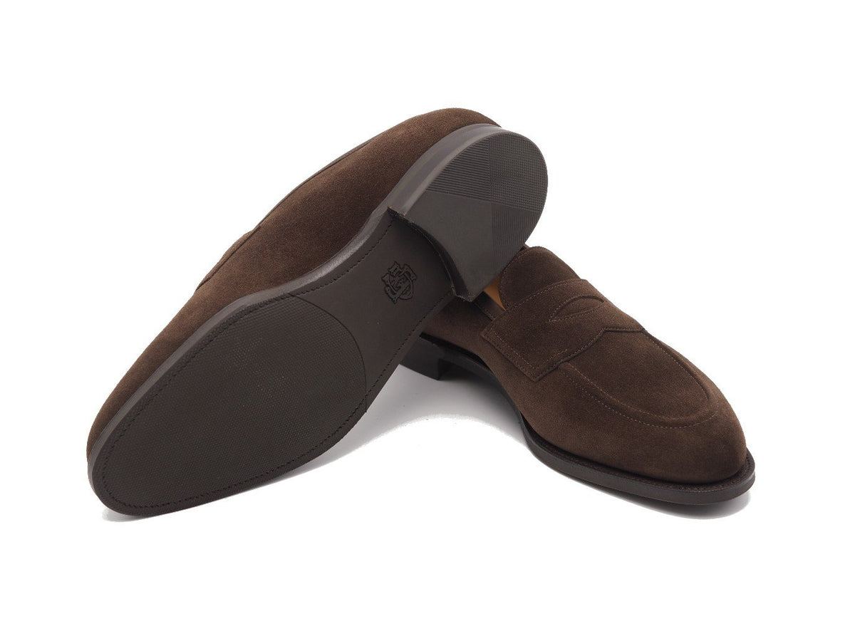 Rubber sole of Edward Green Piccadilly penny loafers in mink suede