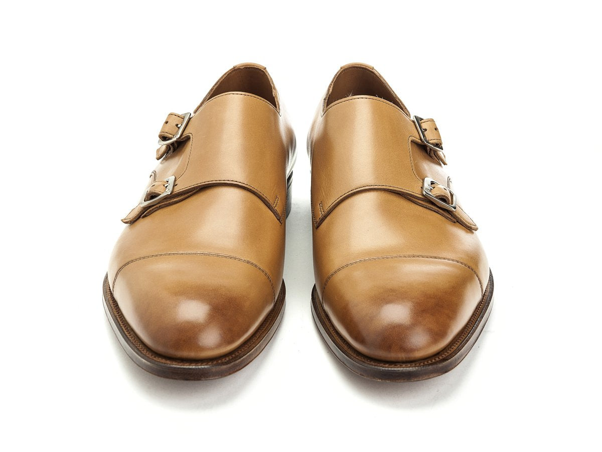 Front view of Edward Green Westminster plain captoe double monk strap shoes in acorn antique calf