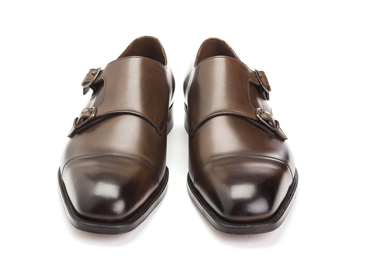 Front view of Edward Green Westminster plain captoe double monk strap shoes in dark oak antique calf