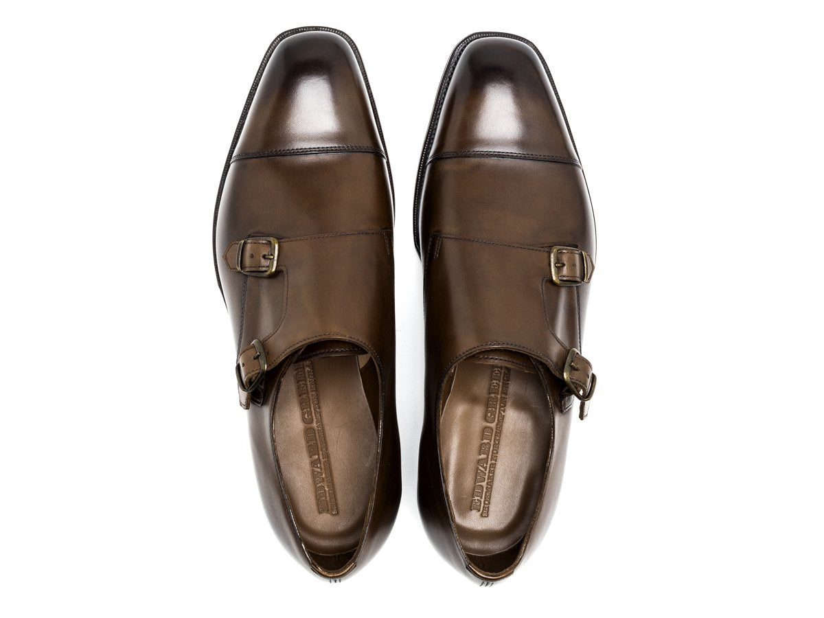 Top view of Edward Green Westminster plain captoe double monk strap shoes in dark oak antique calf