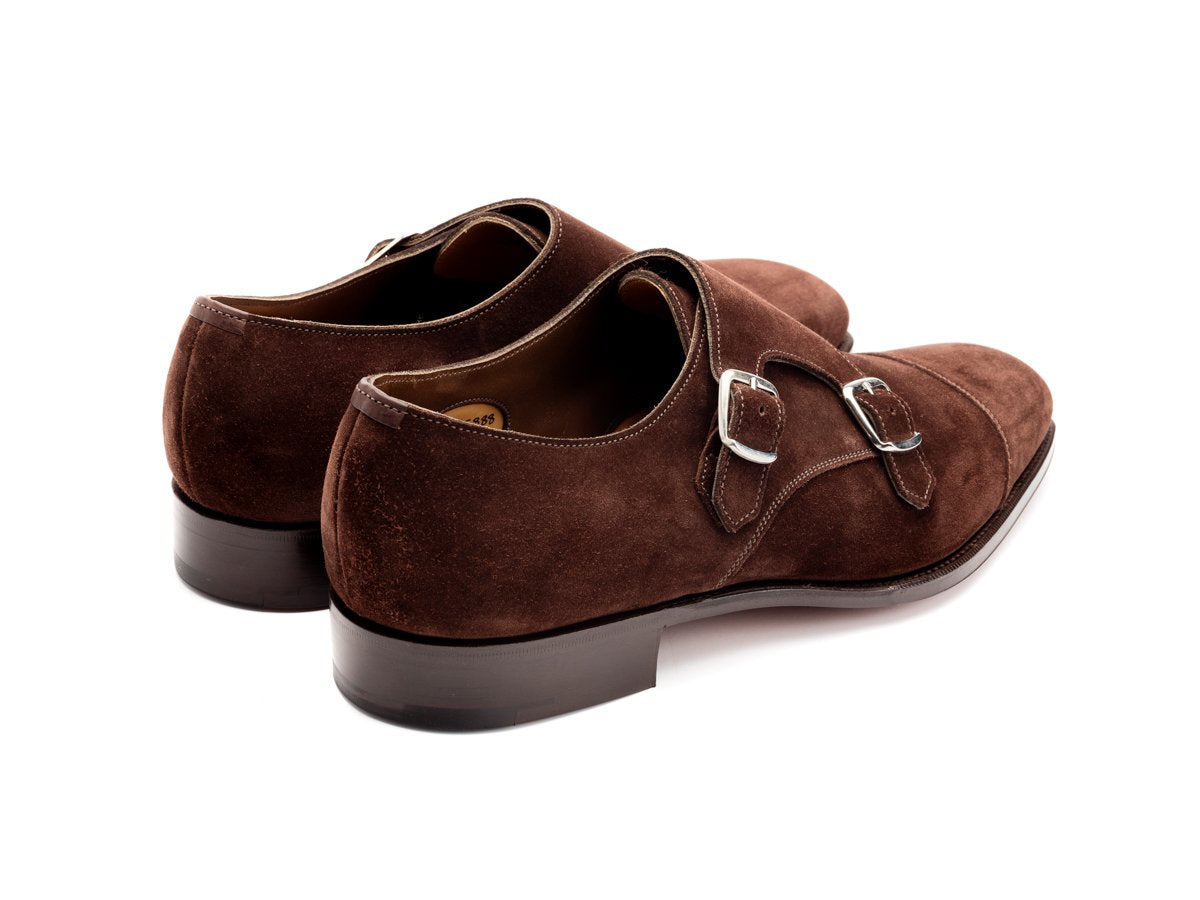 Back angle view of Edward Green Westminster plain captoe double monk strap shoes in mink suede