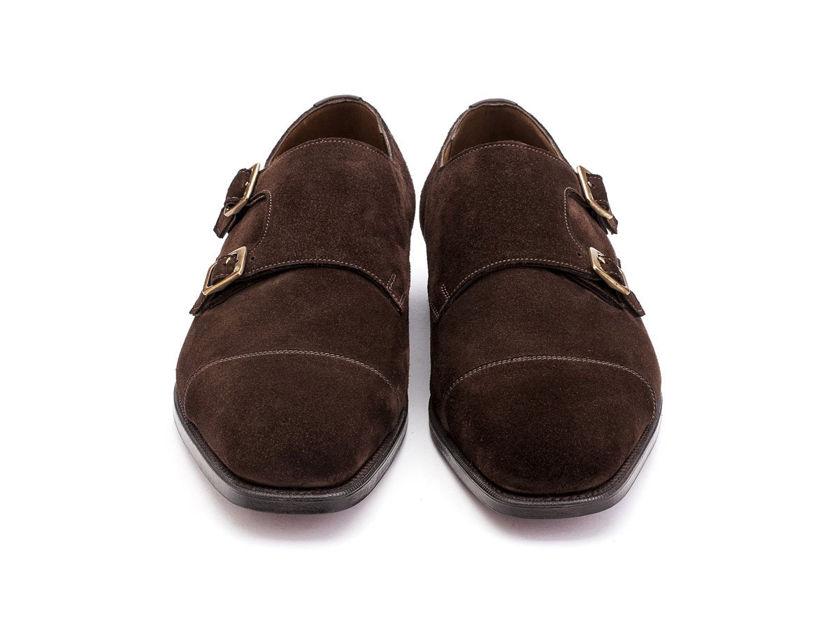 Front view of F width Edward Green Westminster plain captoe double monk strap shoes in mink suede