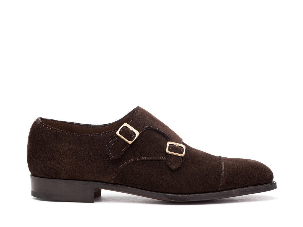 Side view of F width Edward Green Westminster plain captoe double monk strap shoes in mink suede