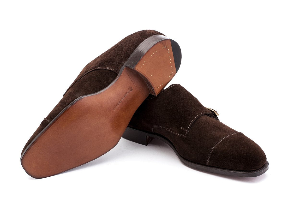 Leather sole of F width Edward Green Westminster plain captoe double monk strap shoes in mink suede