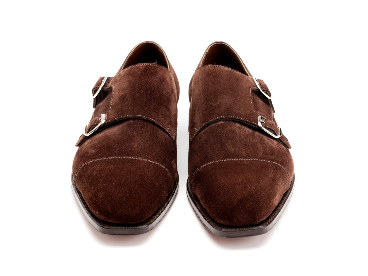 Front view of Edward Green Westminster plain captoe double monk strap shoes in mink suede