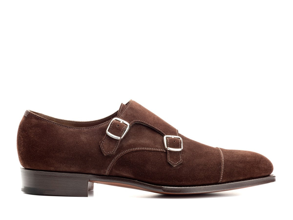 Side view of Edward Green Westminster plain captoe double monk strap shoes in mink suede