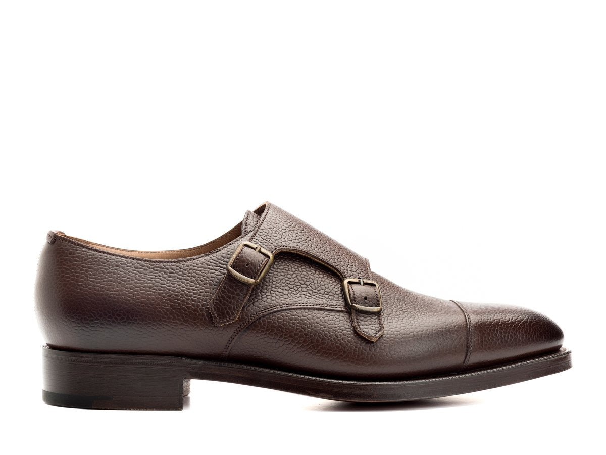 Side view of Edward Green Westminster plain captoe double monk strap shoes in walnut country calf