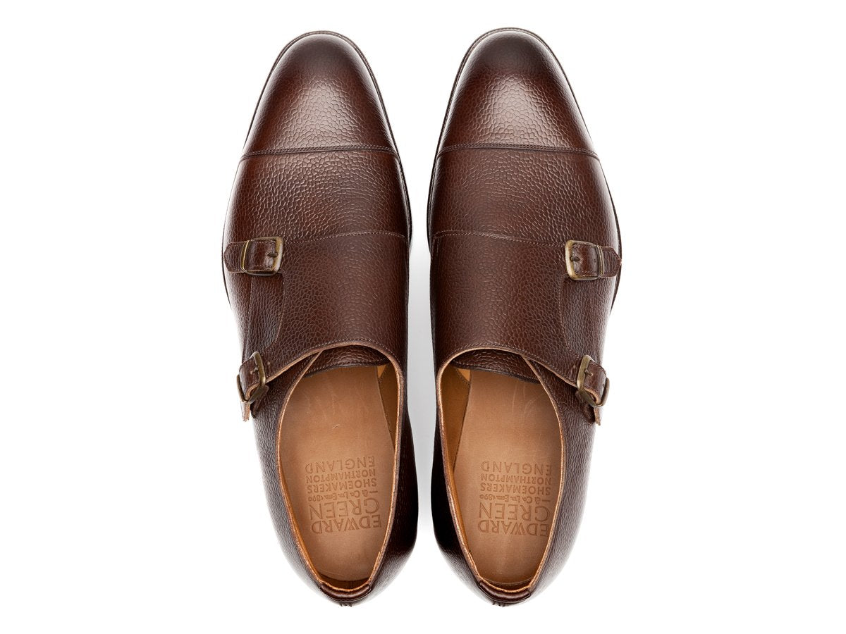 Top view of Edward Green Westminster plain captoe double monk strap shoes in walnut country calf
