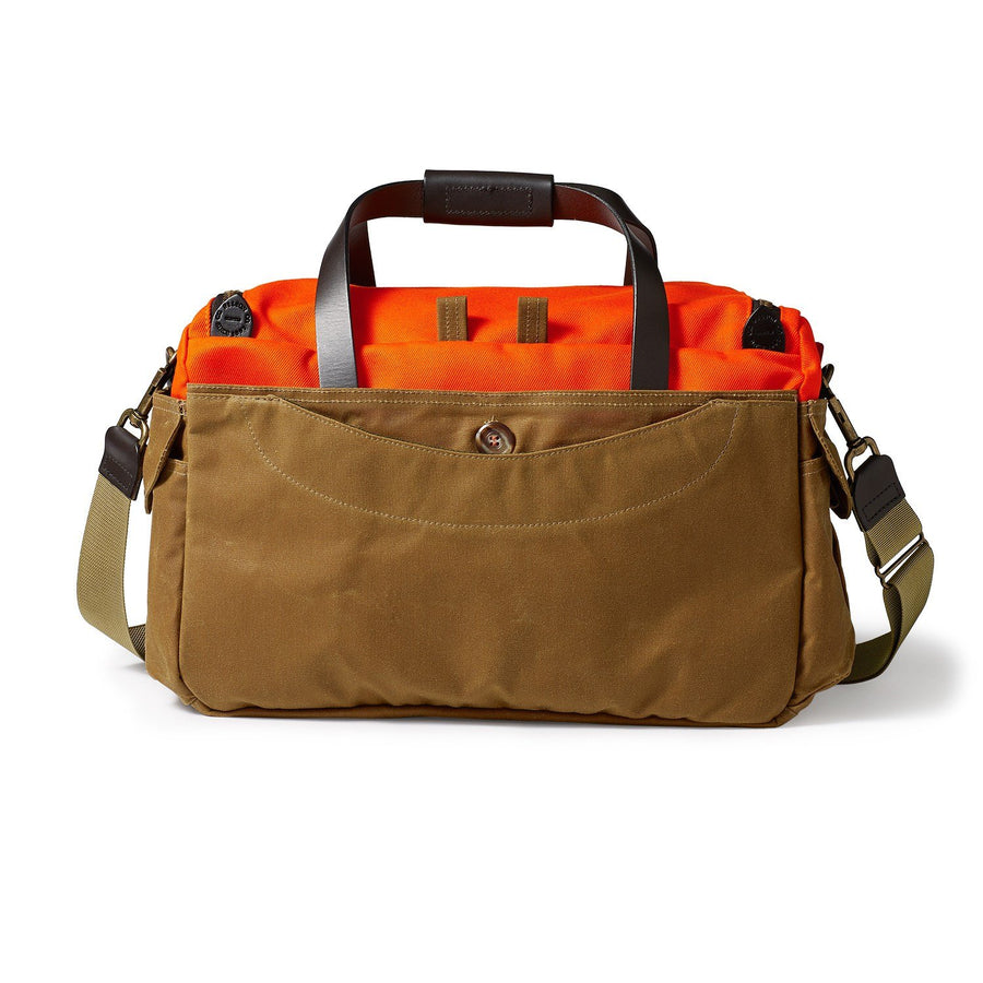 Back view of Filson Heritage Sportsman bag in orange and dark tan