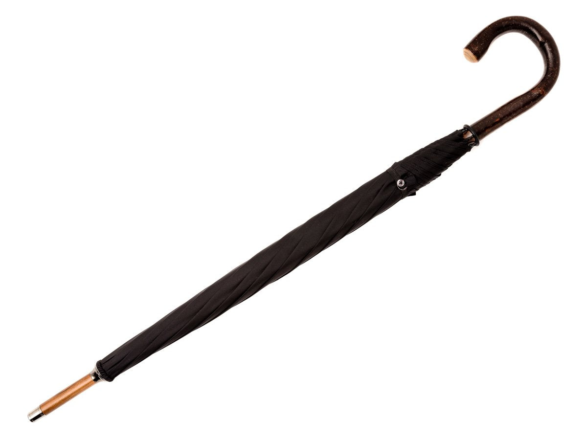 Full length view of solid bark chestnut Fox Umbrella with black canopy
