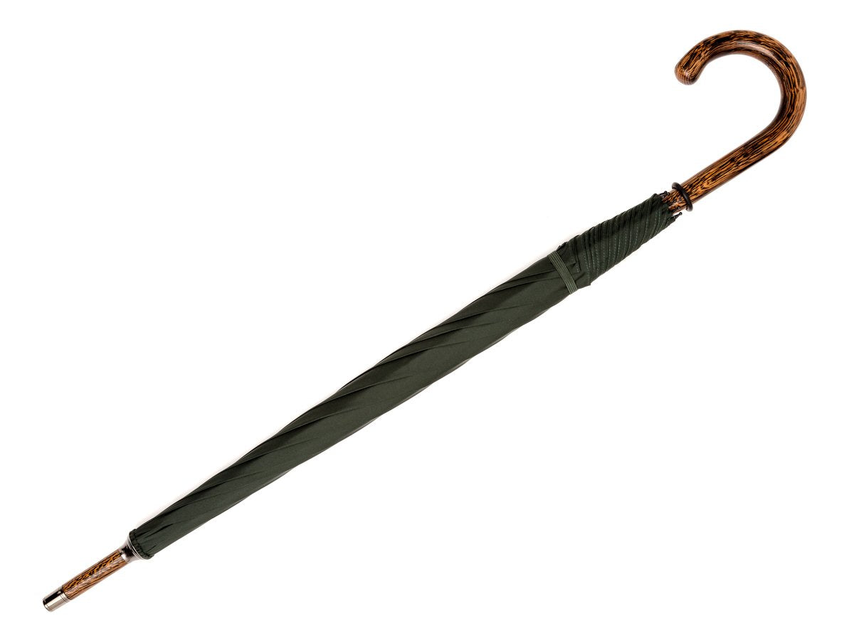 Full length view of solid oak Fox Umbrella with dark green canopy