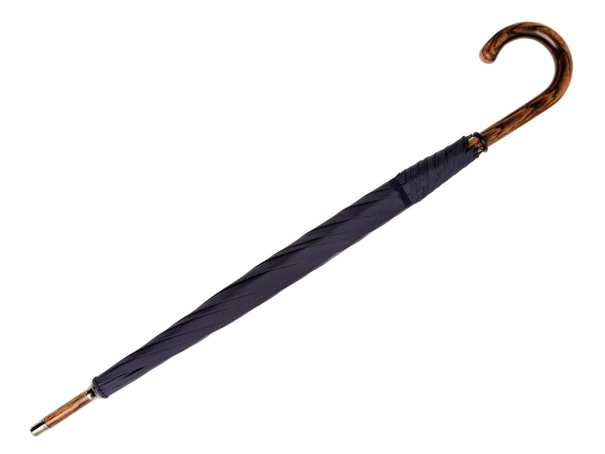 Full length view of solid oak Fox Umbrella with navy canopy