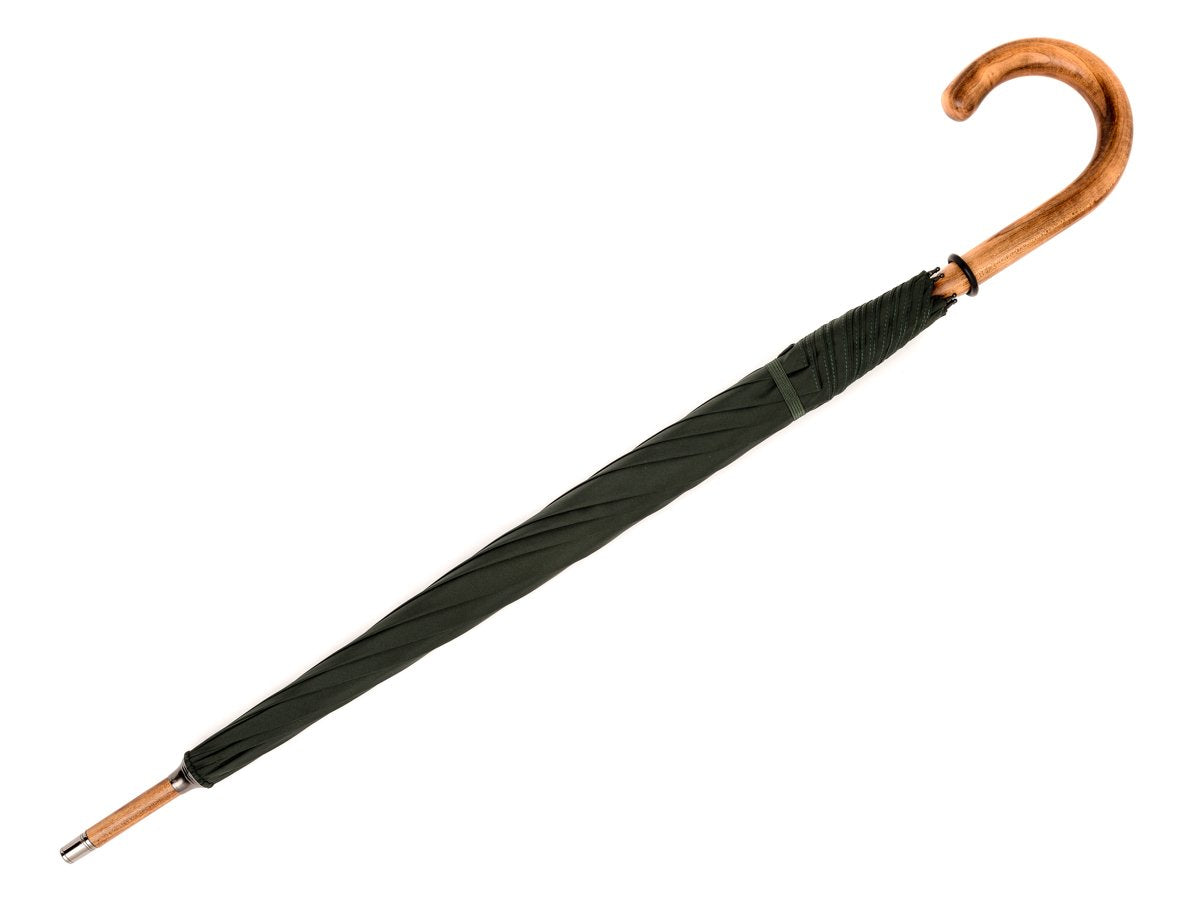 Full length view of solid scorched maple Fox Umbrella with dark green canopy