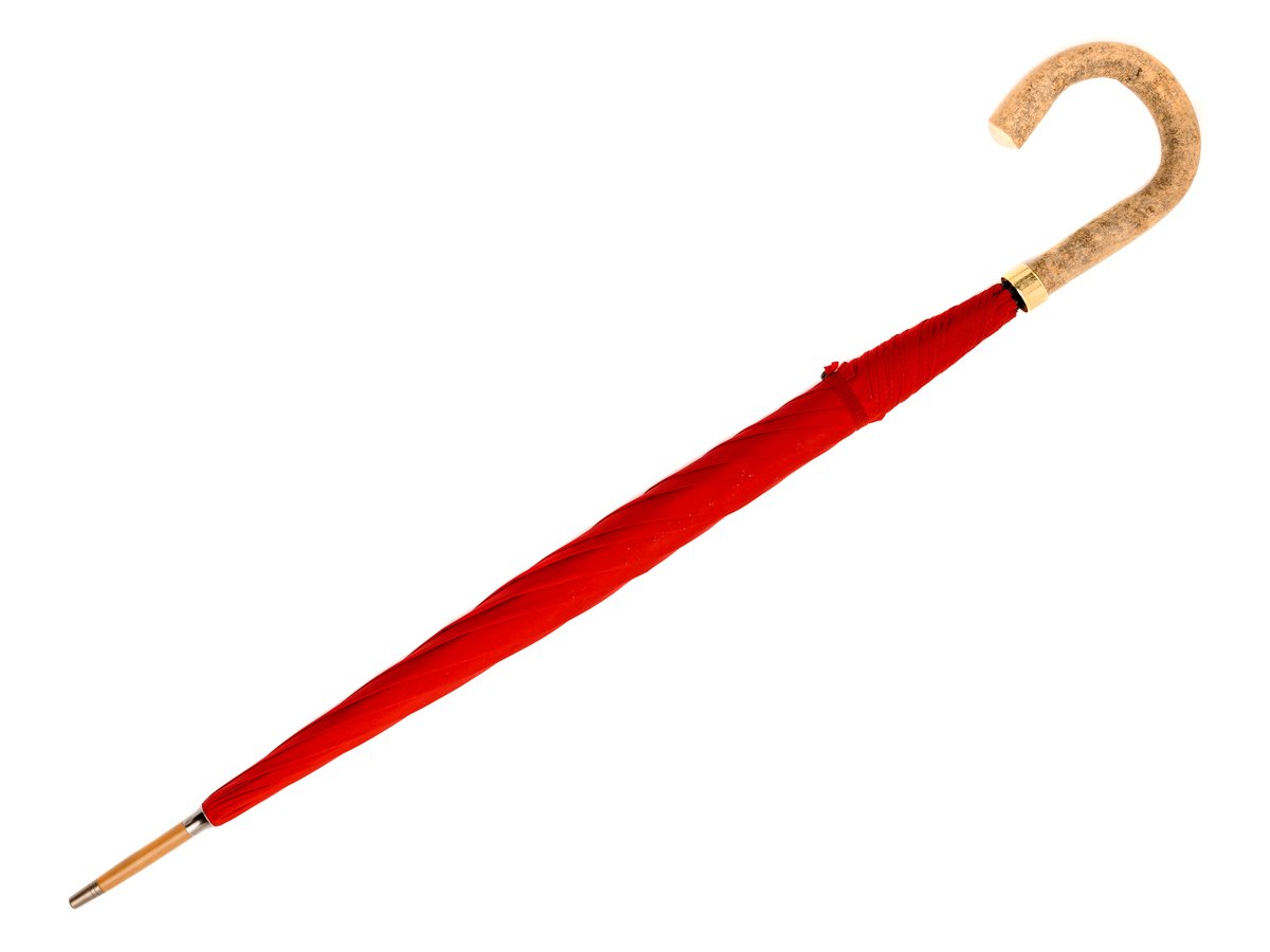 Full length view of ash handle tube Fox Umbrella with red canopy