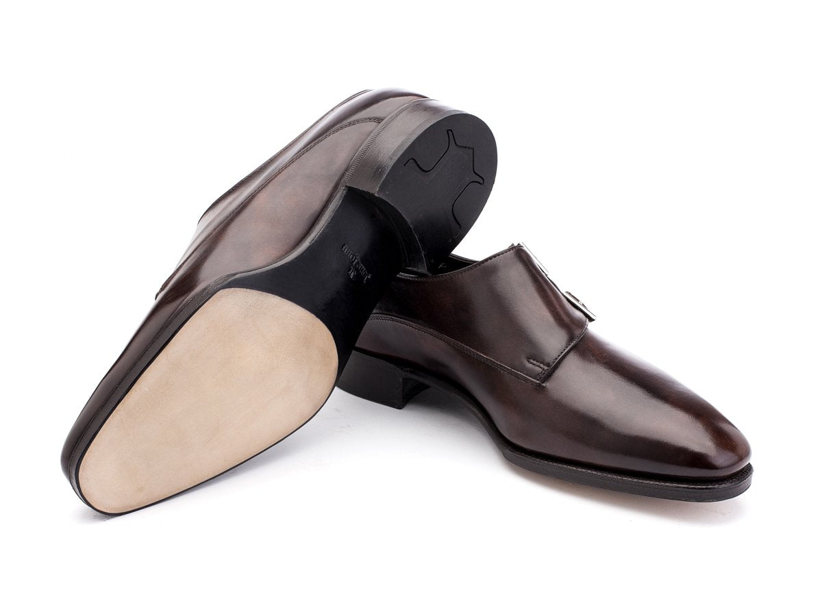 Prestige leather sole of John Lobb Chapel plain toe swept back double monk strap shoes in dark brown museum calf