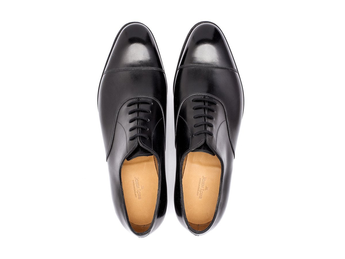 Top view of John Lobb City II plain captoe oxford shoes in black calf