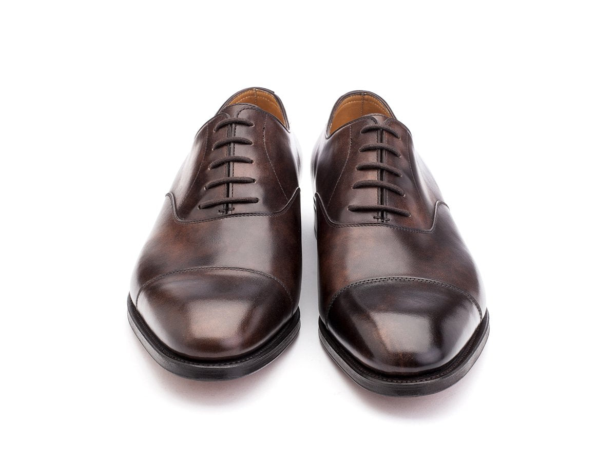 Front view of John Lobb City II plain captoe oxford shoes in dark brown museum calf