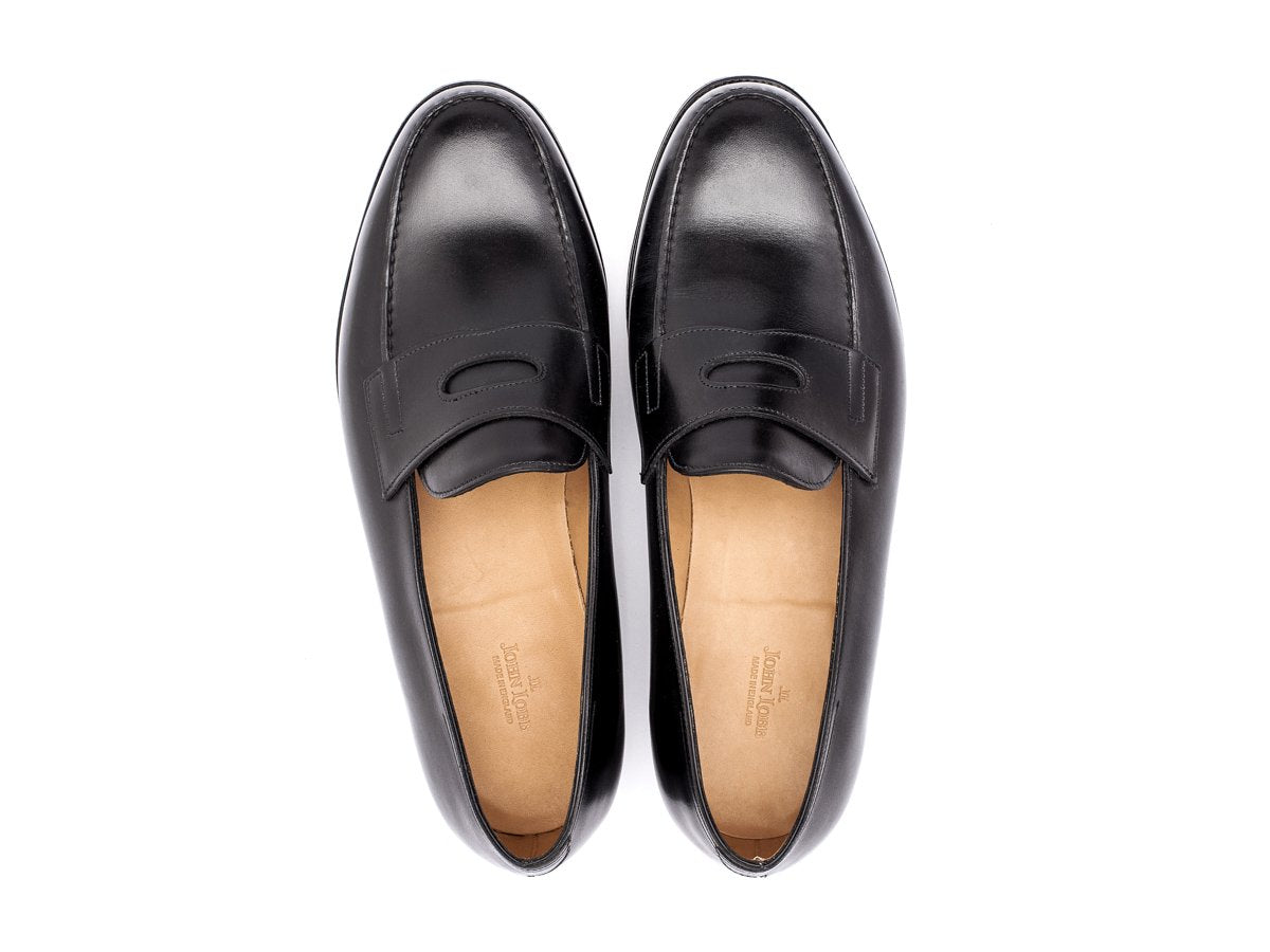 Top view of EE width John Lobb Lopez penny loafers in black calf