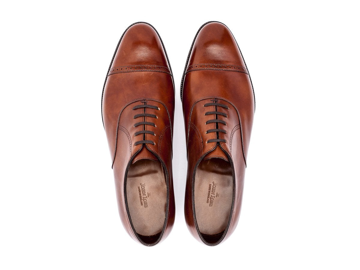 Top view of John Lobb Philip II quarter brogue oxford shoes in chestnut misty calf