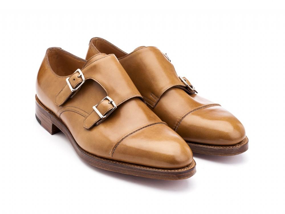 Front angle view of EE width John Lobb William II captoe double monk strap shoes in ardilla misty calf