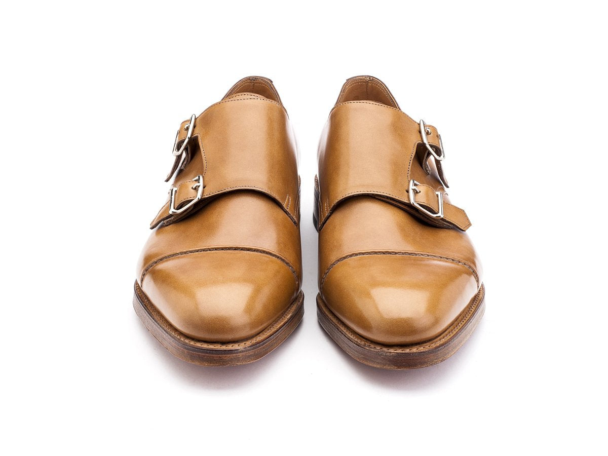 Front view of EE width John Lobb William II captoe double monk strap shoes in ardilla misty calf