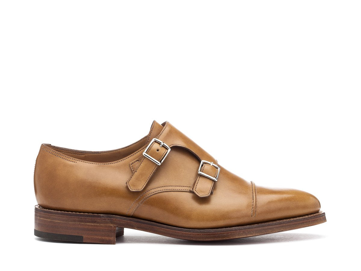 Side view of EE width John Lobb William II captoe double monk strap shoes in ardilla misty calf